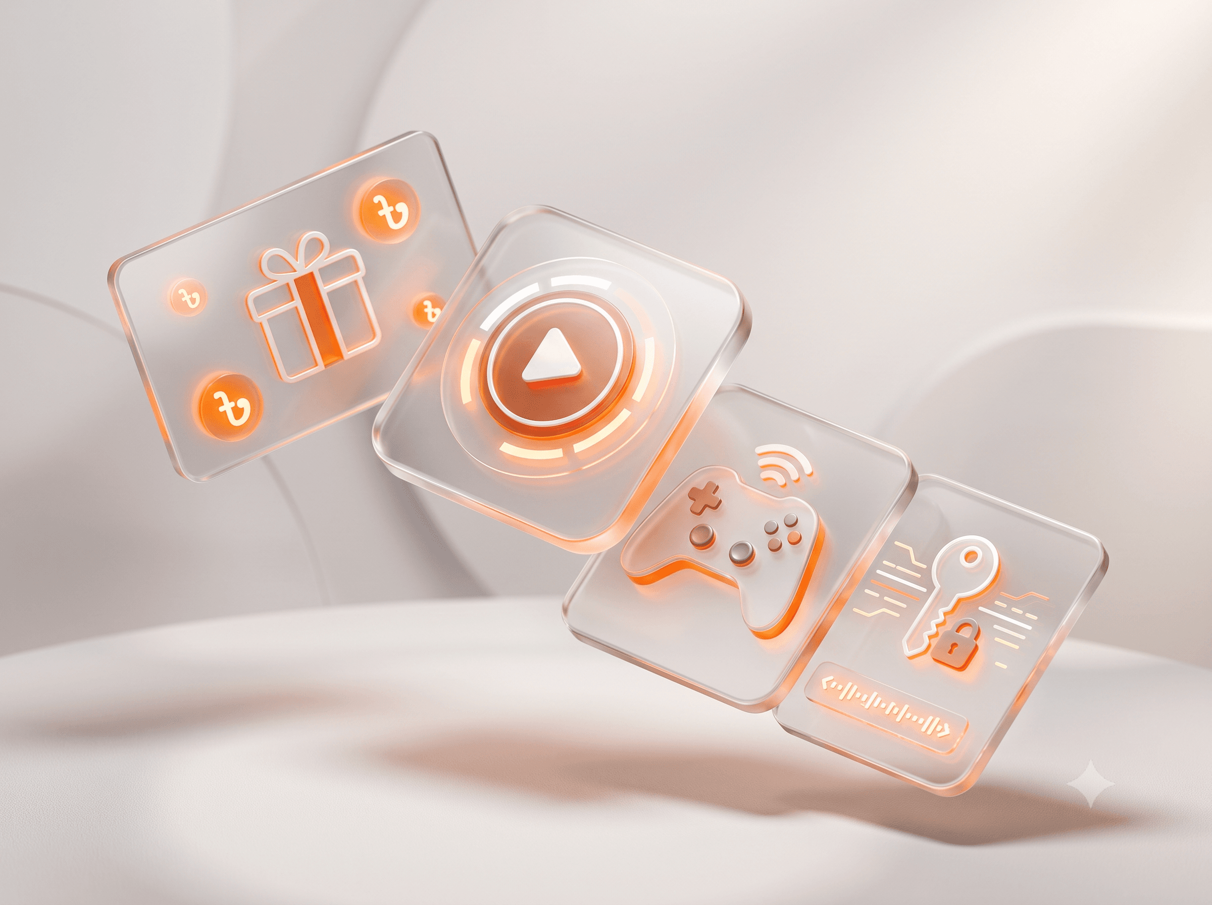 Glass tiles showing a gift box with taka coins, a streaming play button, a game controller and a licence key — the product types merchants sell on ClickTech