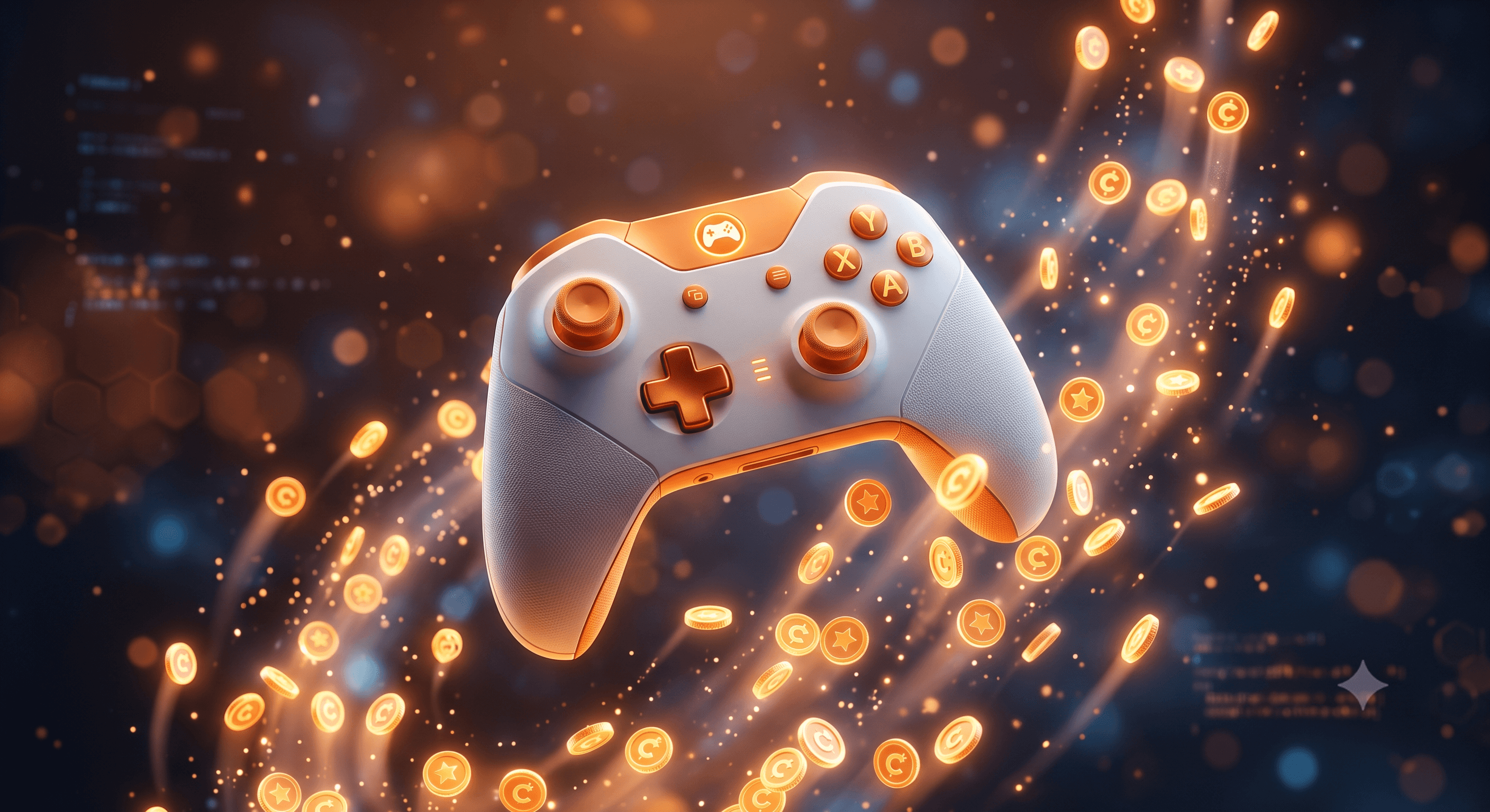 A game controller surrounded by floating coins — gaming top-ups