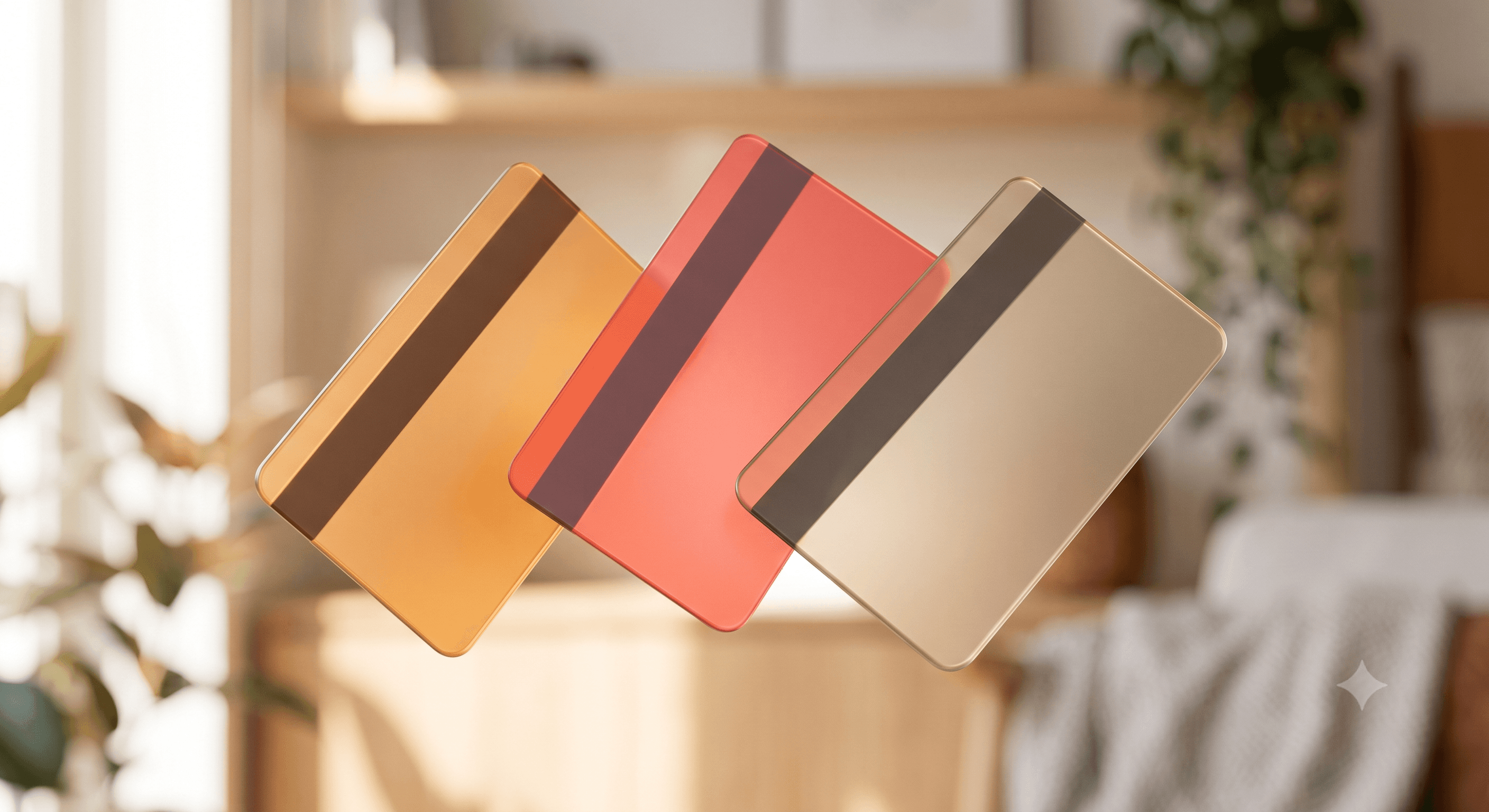 Three gift cards fanned out in mid-air — gift cards and vouchers