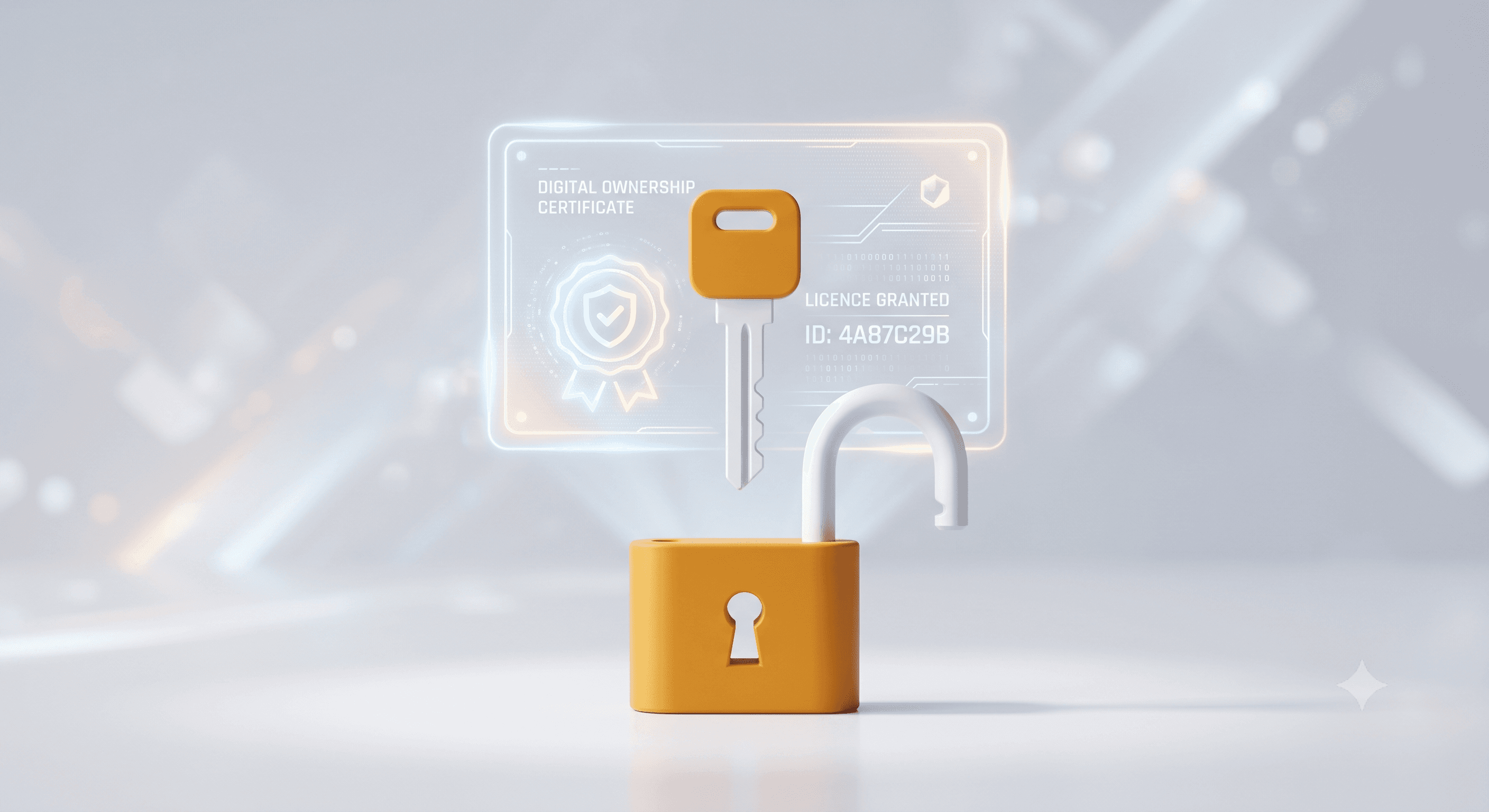 A key and an open padlock beside a licence certificate — software licences